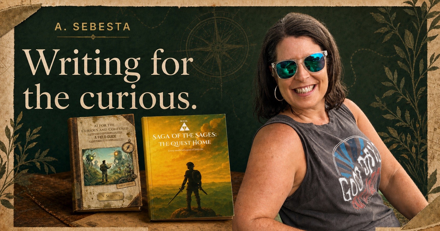 A. Sebesta beside copies of AI for the Curious and Confused and Saga of the Sages: The Quest Home