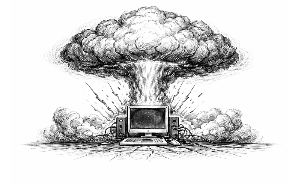 A line drawing of an old computer beneath a mushroom cloud