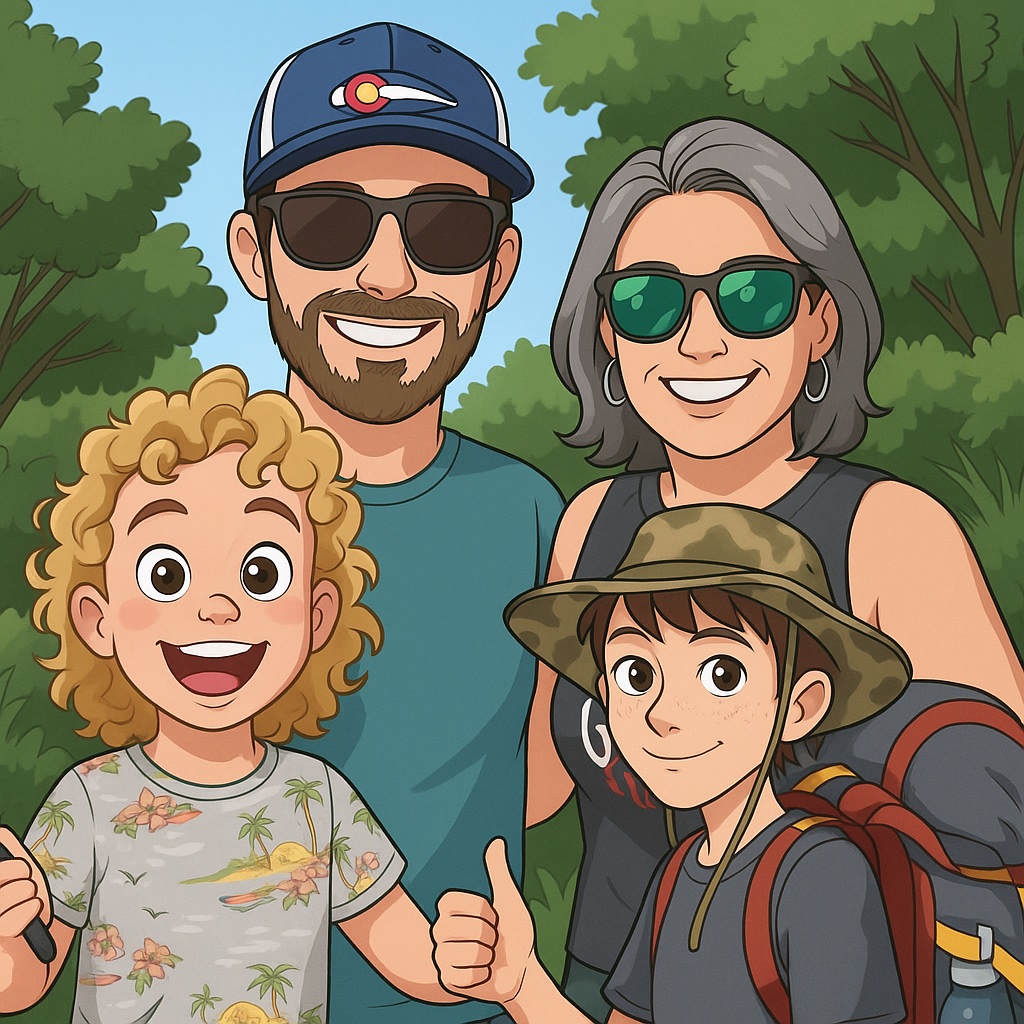 A cartoon portrait of a smiling family of four outdoors