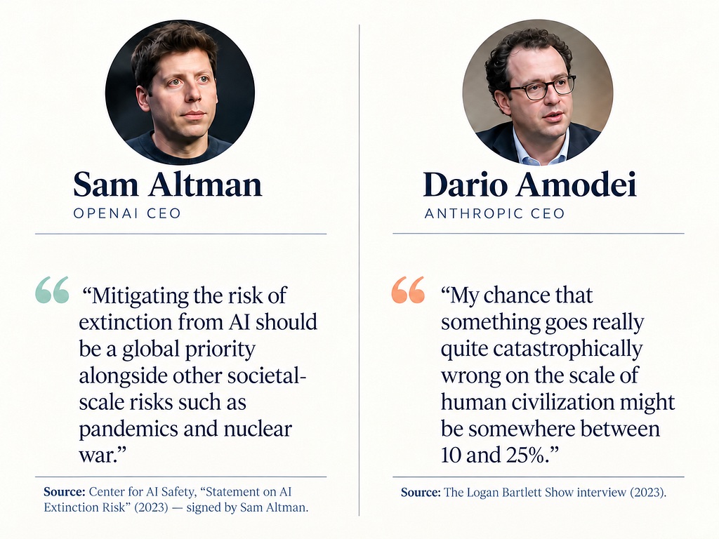 Sam Altman and Dario Amodei pictured beside their warnings about catastrophic AI risk