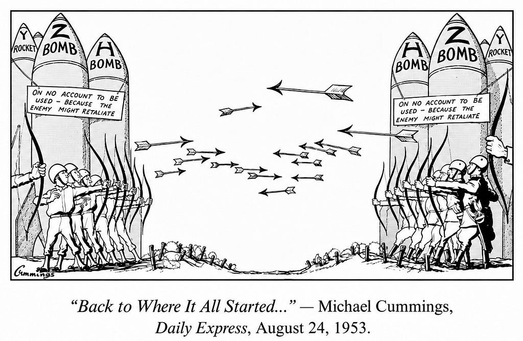 A 1953 political cartoon showing opposing archers beneath rockets labeled H bomb and Z bomb